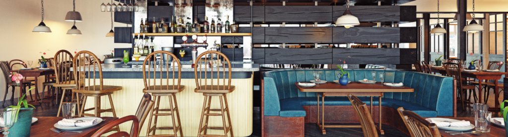 Empty restaurant bar and booth with rustic vibe.